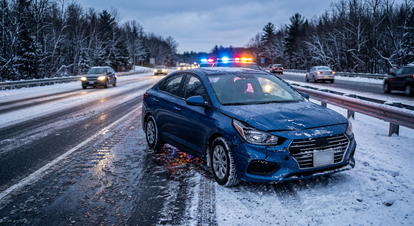 A blue mid-sized sedan with front-end damage sitting on the shoulder of a snowy Minnesota highway, with emergency lights reflecting on the ice.