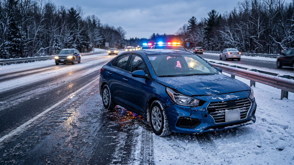 A blue mid-sized sedan with front-end damage sitting on the shoulder of a snowy Minnesota highway, with emergency lights reflecting on the ice.