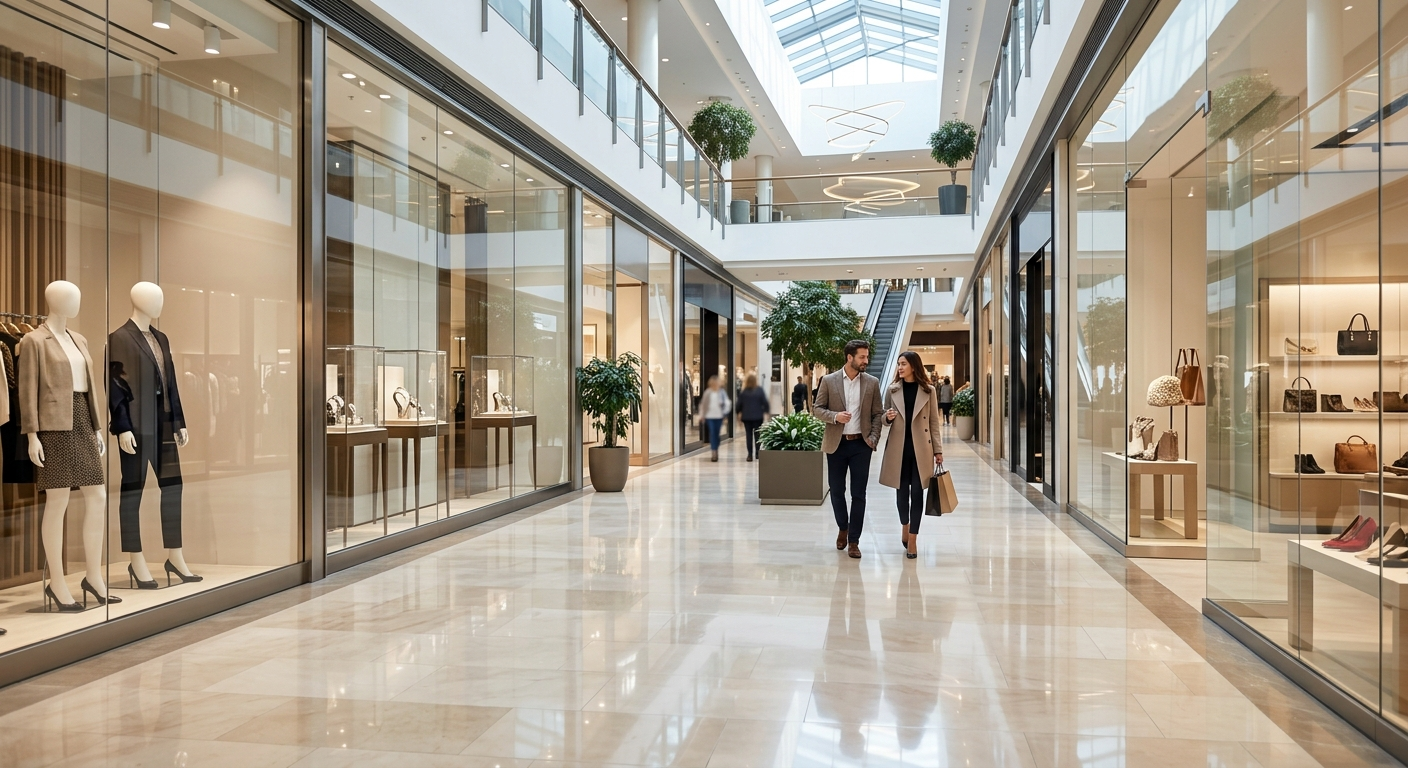 A luxury shopping mall interior with polished floors and glass storefronts, representing a typical Texas business premises where invitees visit.