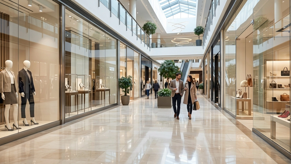 A luxury shopping mall interior with polished floors and glass storefronts, representing a typical Texas business premises where invitees visit.