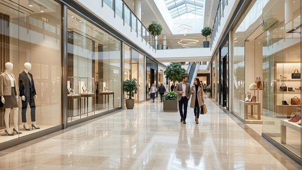 A luxury shopping mall interior with polished floors and glass storefronts, representing a typical Texas business premises where invitees visit.