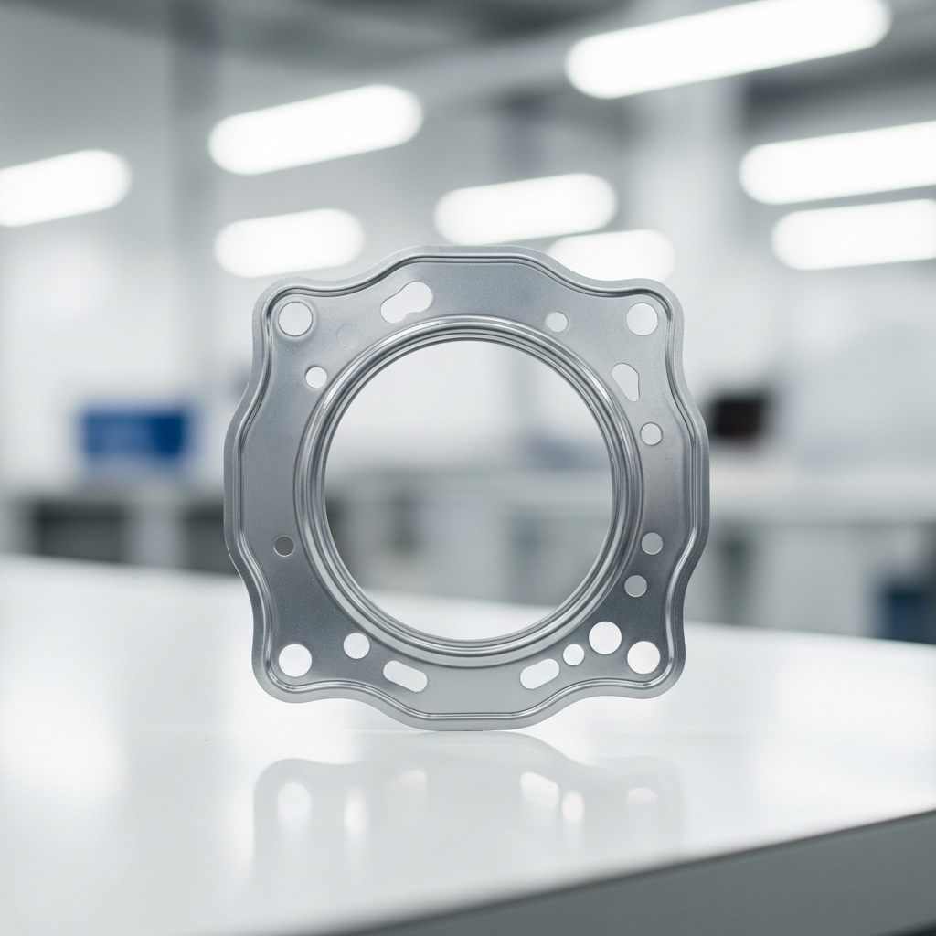 A close-up of a silver automotive head gasket sitting on a clean workbench in a manufacturing facility, representing the parts made by Dana Sealing.
