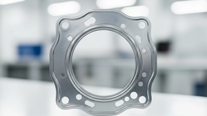 A close-up of a silver automotive head gasket sitting on a clean workbench in a manufacturing facility, representing the parts made by Dana Sealing.