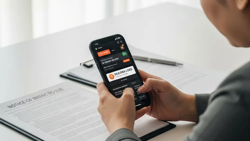 A person looking stressed at a phone with betting apps, next to legal documents, symbolizing financial loss and legal action.