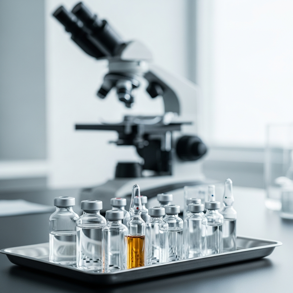 A laboratory setting with pharmaceutical vials on a metal tray and a microscope in the background, representing a research facility.