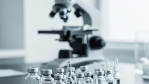A laboratory setting with pharmaceutical vials on a metal tray and a microscope in the background, representing a research facility.