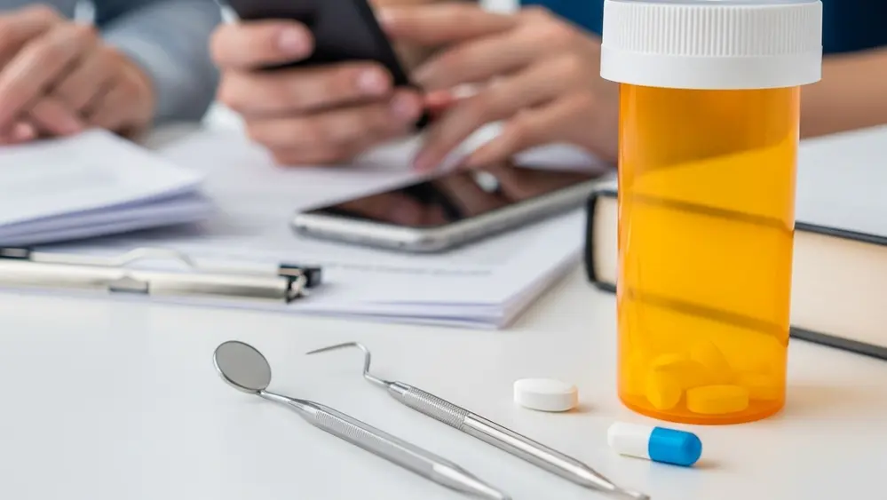 A close up of dental tools and a bottle of prescription medication on a white background representing pharmaceutical liability.