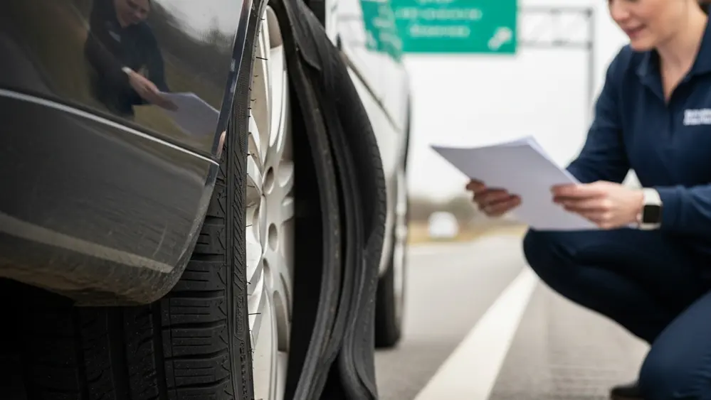 A close up of a damaged car tire with tread separation on a highway shoulder representing a product liability case.