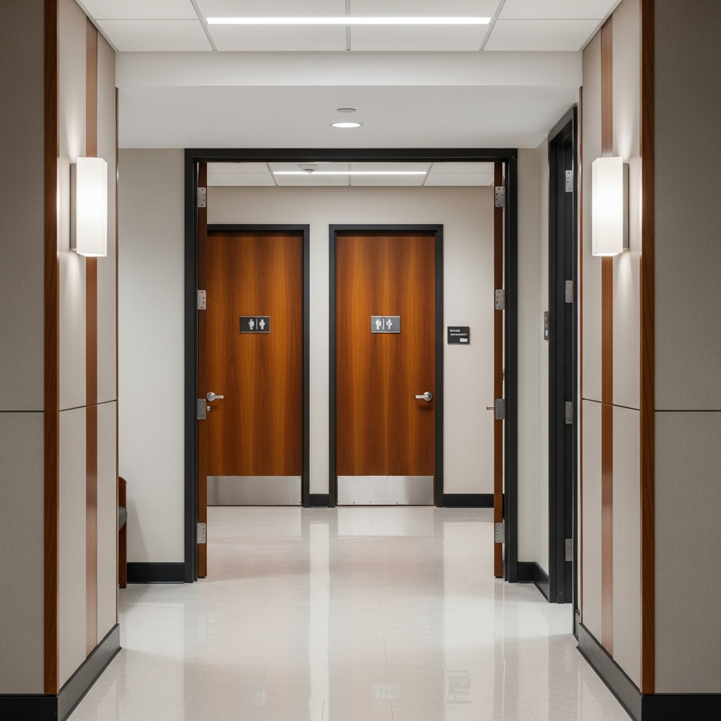 A professional office corridor with two wooden doors leading to restroom facilities in a clean government building style.