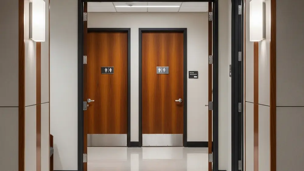 A professional office corridor with two wooden doors leading to restroom facilities in a clean government building style.