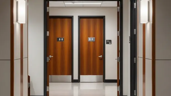 A professional office corridor with two wooden doors leading to restroom facilities in a clean government building style.