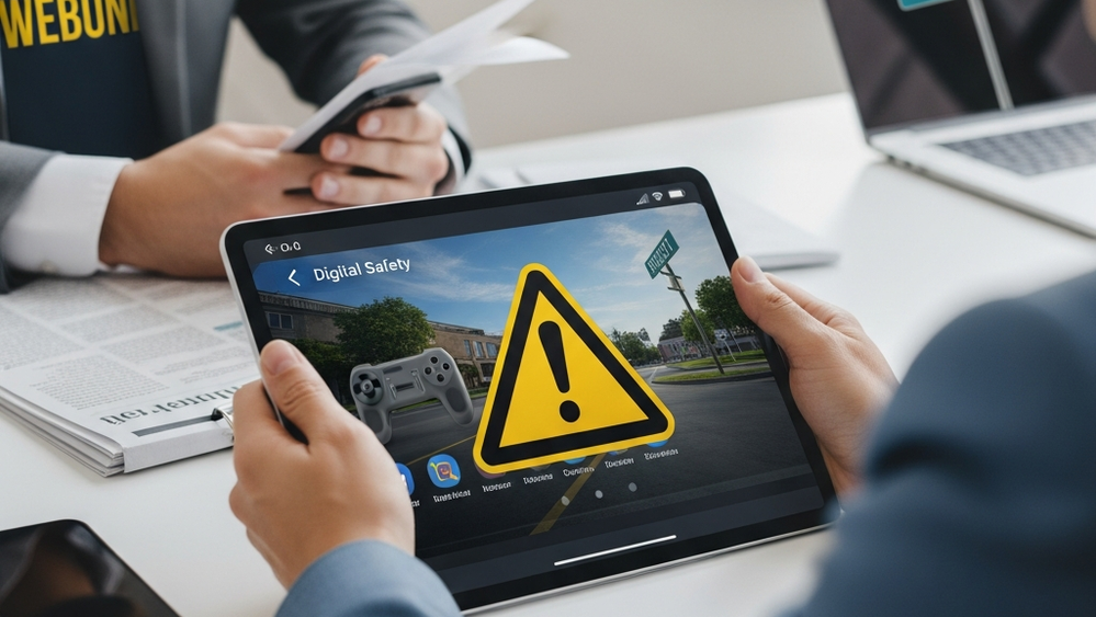 A tablet screen displaying a gaming app with a warning sign overlaid, symbolizing digital safety risks.
