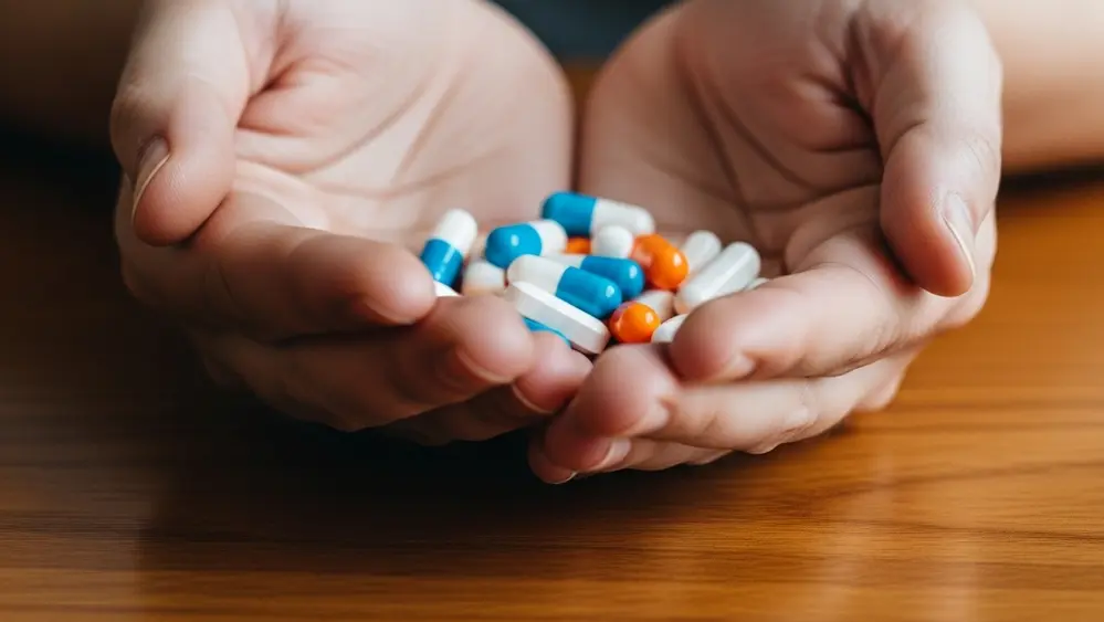 A close-up shot of a person's hands holding several colorful prescription capsules and tablets over a wooden table.