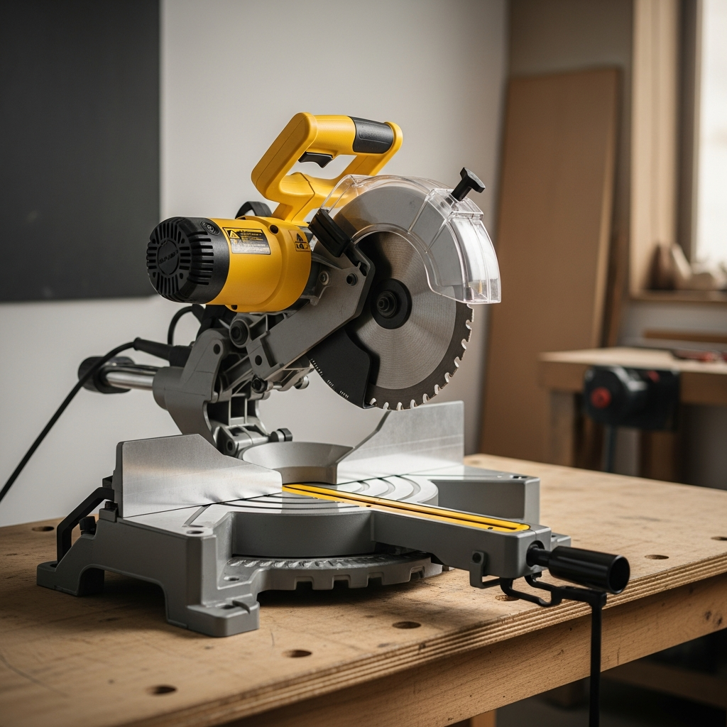 A yellow and black power miter saw sitting on a wooden workbench in a workshop, focusing on the circular blade and its protective plastic guard.