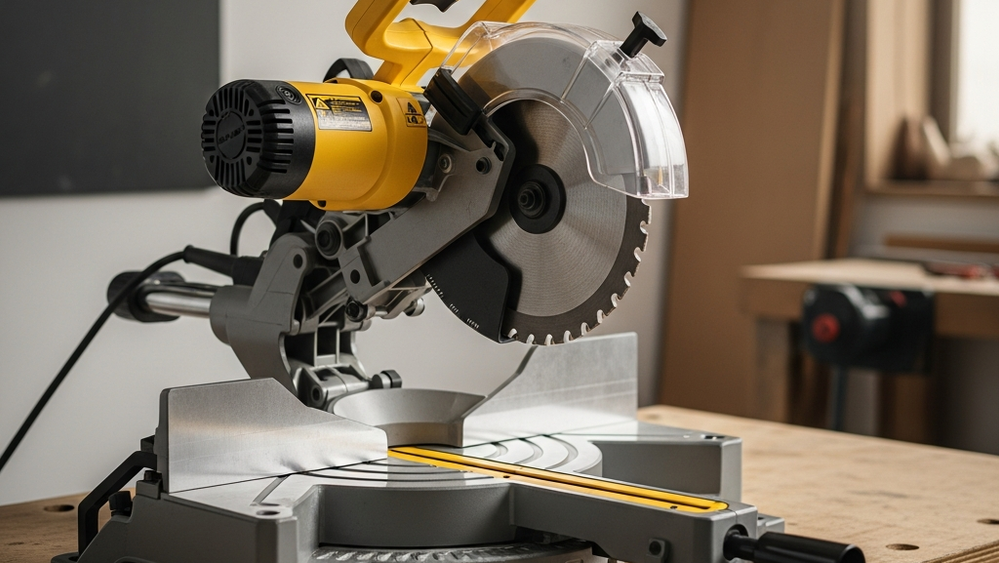 A yellow and black power miter saw sitting on a wooden workbench in a workshop, focusing on the circular blade and its protective plastic guard.