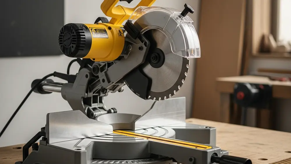 A yellow and black power miter saw sitting on a wooden workbench in a workshop, focusing on the circular blade and its protective plastic guard.
