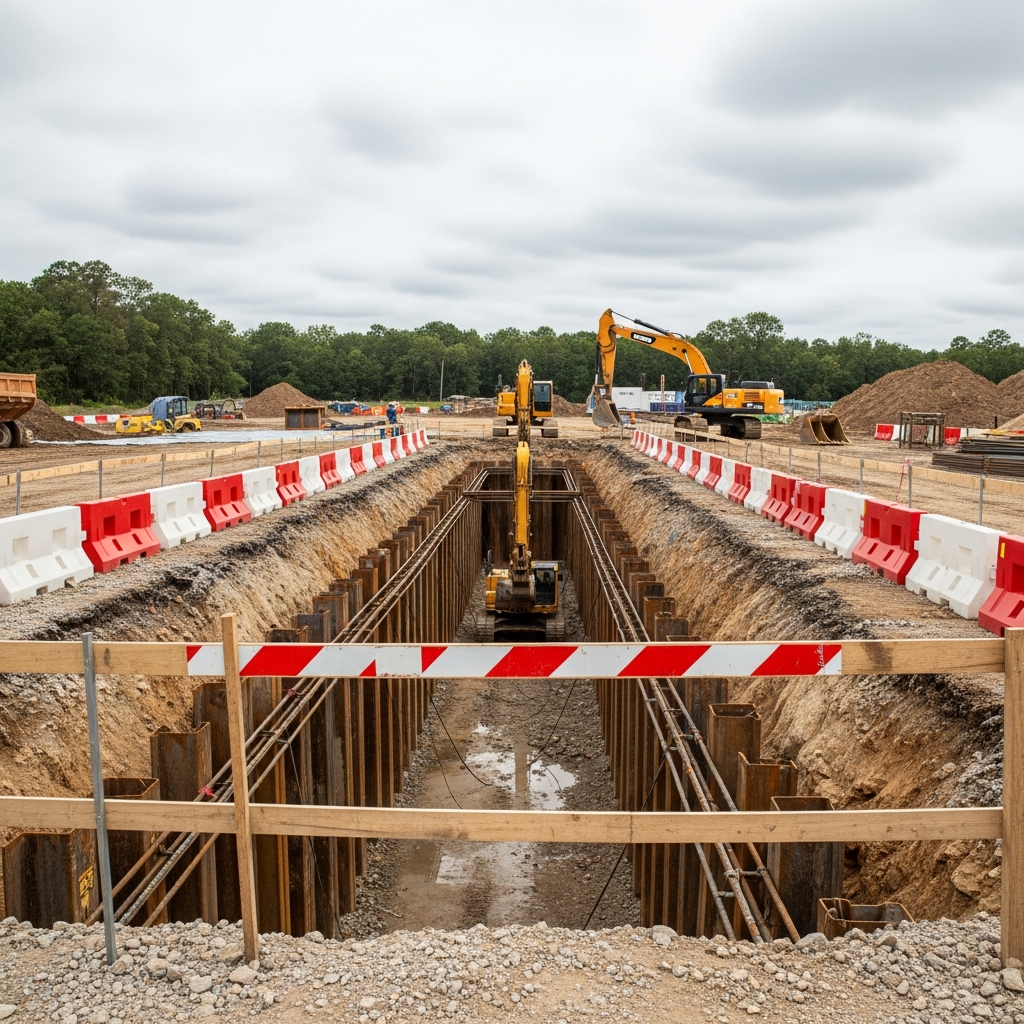 A construction site with deep excavations and heavy machinery, showing safety barriers and reinforced trench walls from a distance.