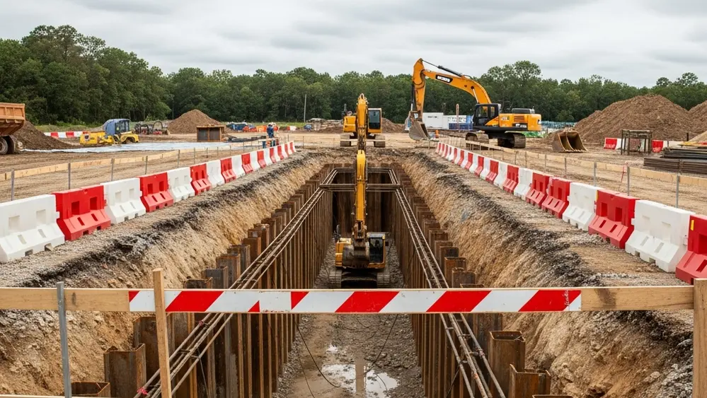 A construction site with deep excavations and heavy machinery, showing safety barriers and reinforced trench walls from a distance.