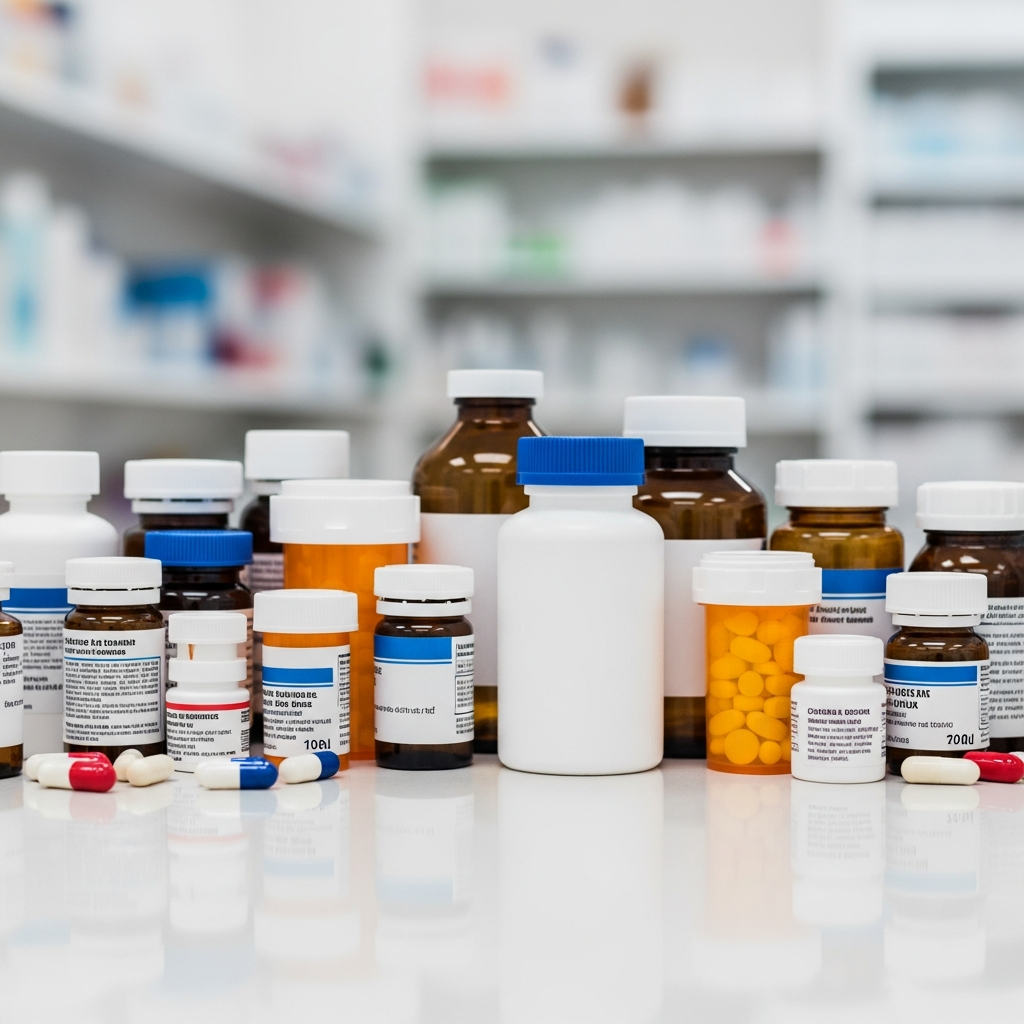An array of various prescription medication bottles on a clean, reflective pharmacy counter, representing the wide range of drugs in modern medicine.