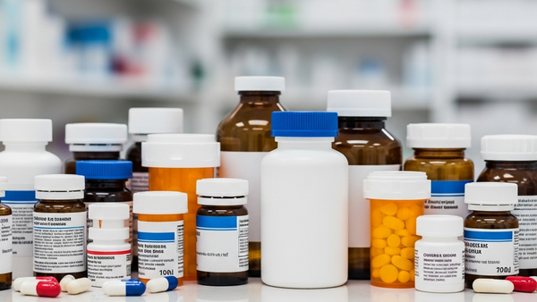 An array of various prescription medication bottles on a clean, reflective pharmacy counter, representing the wide range of drugs in modern medicine.