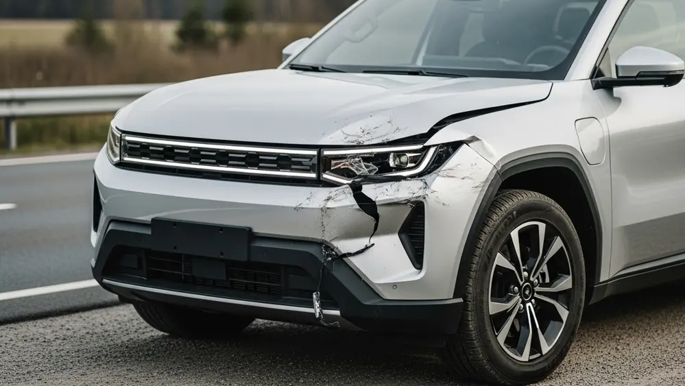 A silver angular electric pickup truck with significant front-end damage parked on a roadside shoulder.