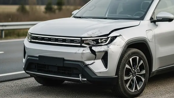 A silver angular electric pickup truck with significant front-end damage parked on a roadside shoulder.