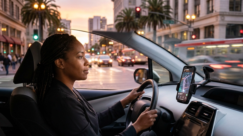 A rideshare driver sits in a modern vehicle on a busy California city street at sunset, looking at a smartphone mounted on the dashboard.