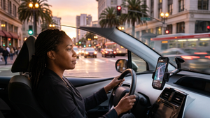 A rideshare driver sits in a modern vehicle on a busy California city street at sunset, looking at a smartphone mounted on the dashboard.