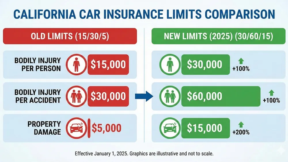 A graphic showing a comparison between California's old 15/30/5 insurance limits and the new 2025 30/60/15 limits.