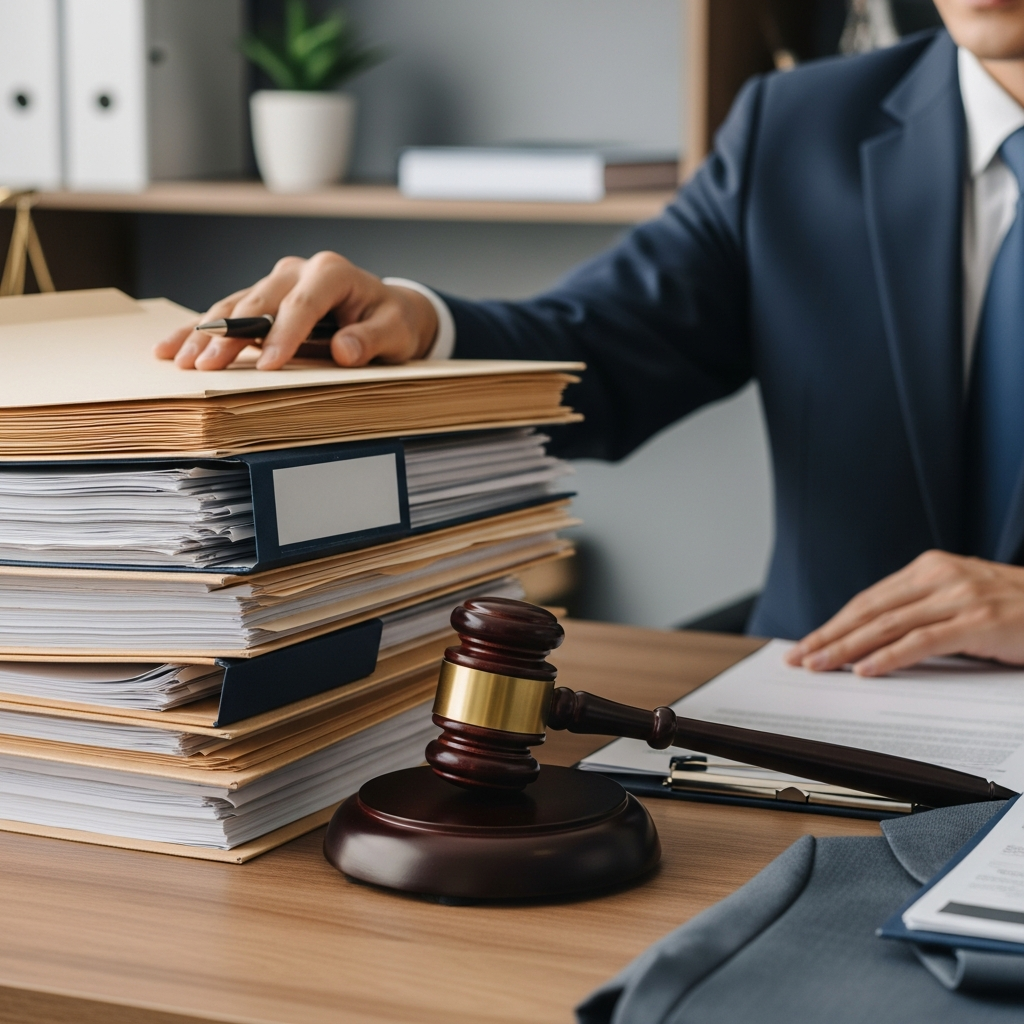A professional legal office setting featuring a heavy stack of manila folders and a wooden gavel resting on a desk, representing federal subpoena enforcement action.