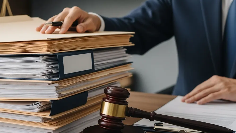 A professional legal office setting featuring a heavy stack of manila folders and a wooden gavel resting on a desk, representing federal subpoena enforcement action.