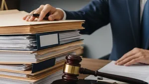 A professional legal office setting featuring a heavy stack of manila folders and a wooden gavel resting on a desk, representing federal subpoena enforcement action.