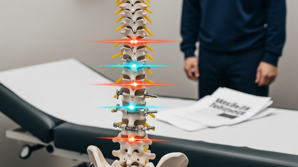 A detailed model of a human spine with medical implants and screws highlighted on an examination table.