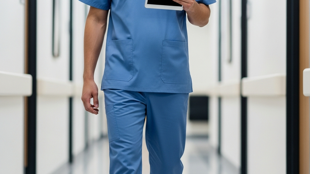 A healthcare professional in blue scrubs walking down a bright hospital corridor carrying a stethoscope and a digital tablet.