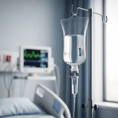 A clear intravenous drip bag filled with sterile saline solution hanging from a metal stand in a bright hospital room, with a soft-focus medical monitor in the background.