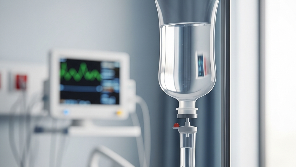 A clear intravenous drip bag filled with sterile saline solution hanging from a metal stand in a bright hospital room, with a soft-focus medical monitor in the background.