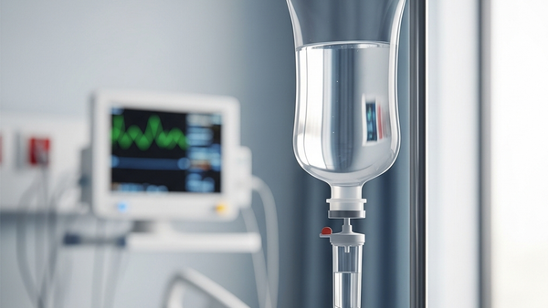 A clear intravenous drip bag filled with sterile saline solution hanging from a metal stand in a bright hospital room, with a soft-focus medical monitor in the background.