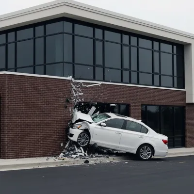 A white sedan with front-end damage is lodged into the side of a modern brick and glass building in a suburban setting.