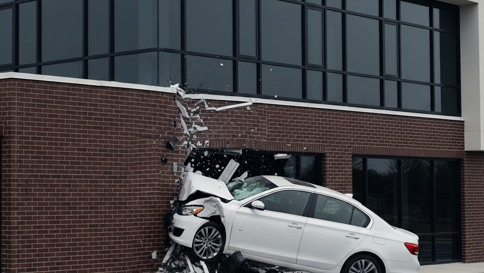 A white sedan with front-end damage is lodged into the side of a modern brick and glass building in a suburban setting.