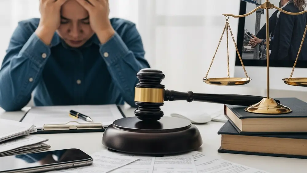 A conceptual image showing a person holding their head in distress next to a legal gavel and medical bills, representing the balance between economic and non-economic damages.