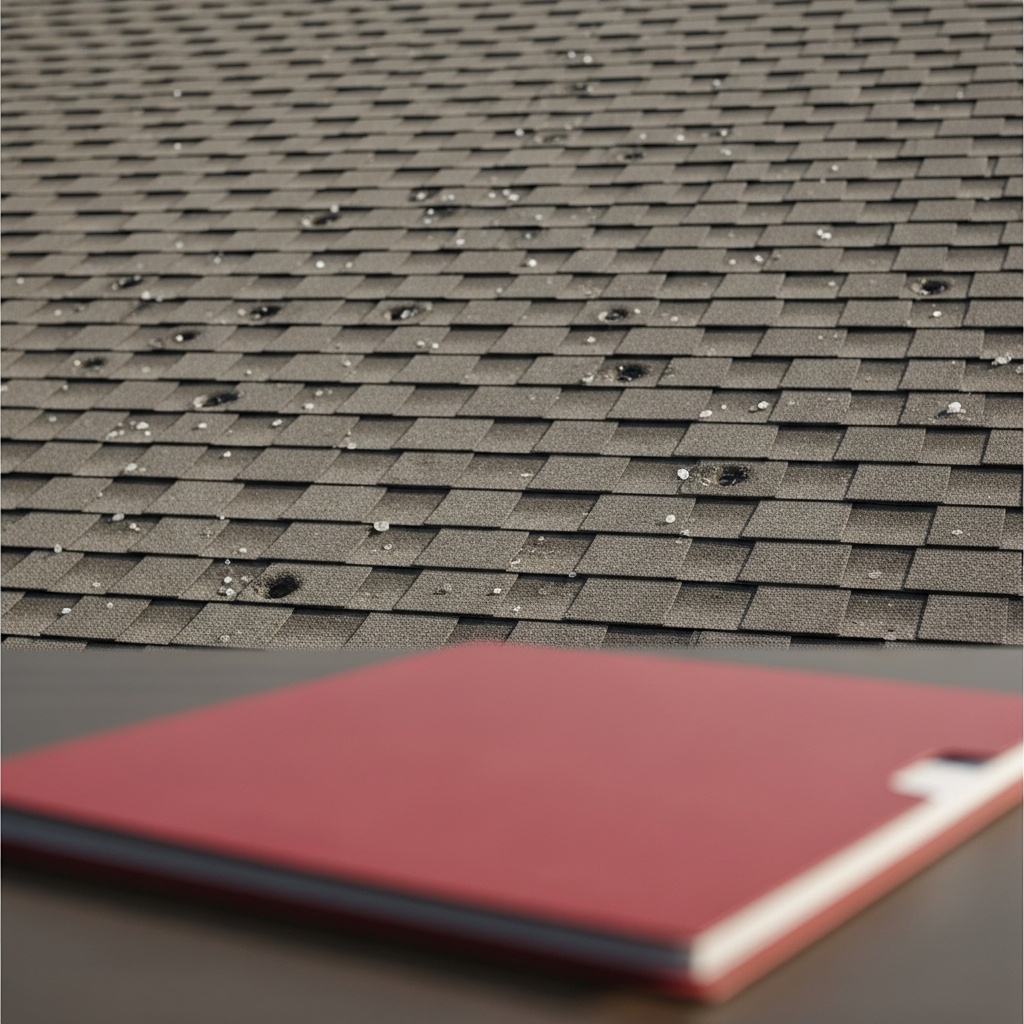 A close-up of a residential roof with visible hail damage indentations on shingles with a red State Farm insurance document folder lying on a table in the foreground.