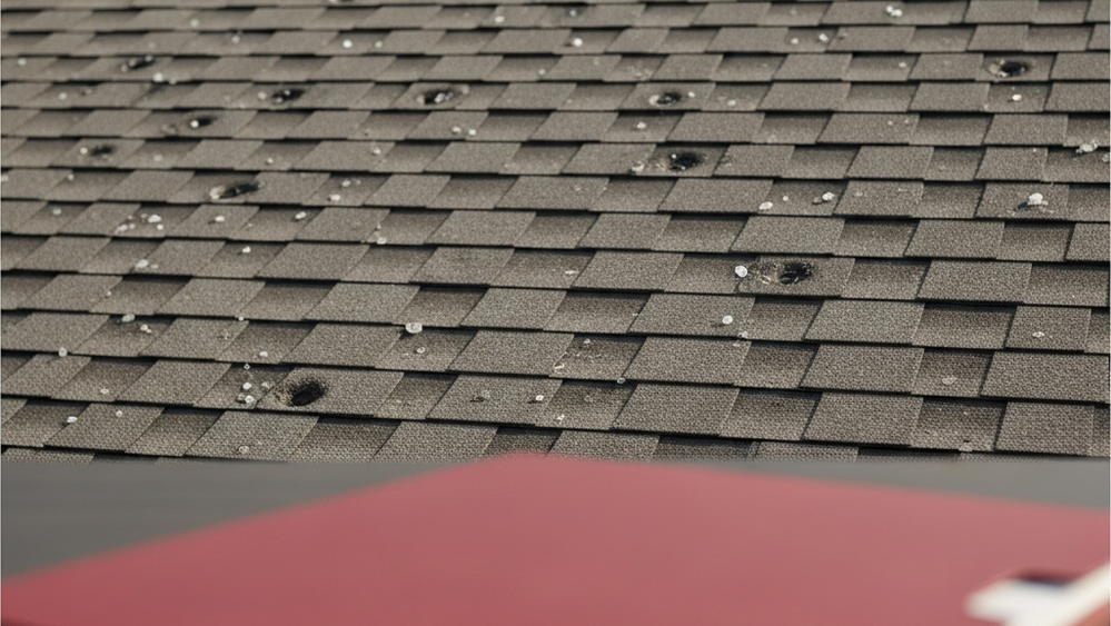 A close-up of a residential roof with visible hail damage indentations on shingles with a red State Farm insurance document folder lying on a table in the foreground.