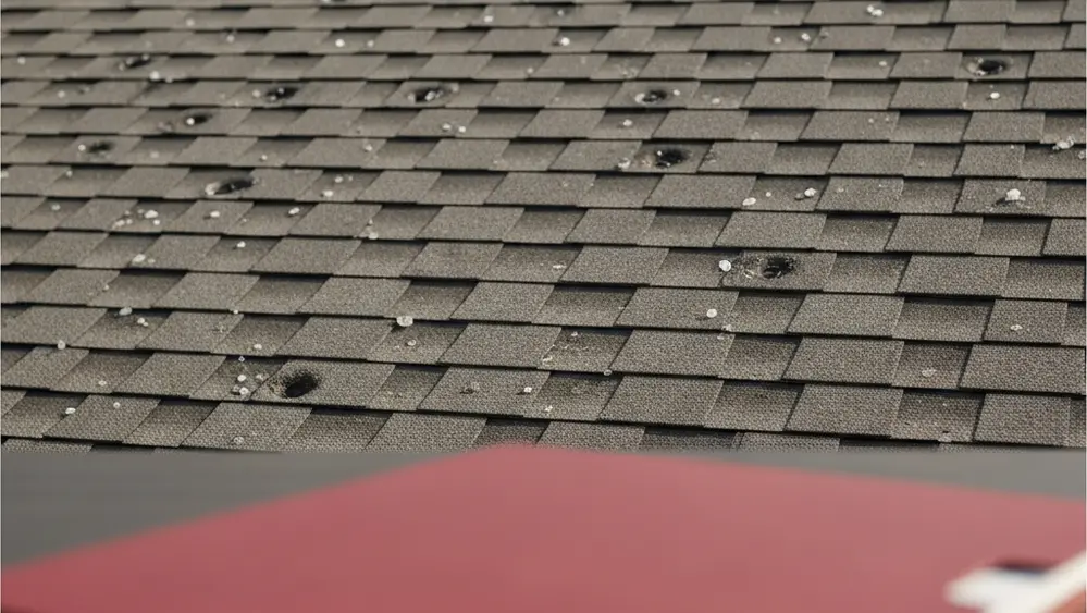 A close-up of a residential roof with visible hail damage indentations on shingles with a red State Farm insurance document folder lying on a table in the foreground.