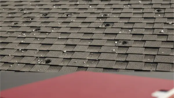 A close-up of a residential roof with visible hail damage indentations on shingles with a red State Farm insurance document folder lying on a table in the foreground.