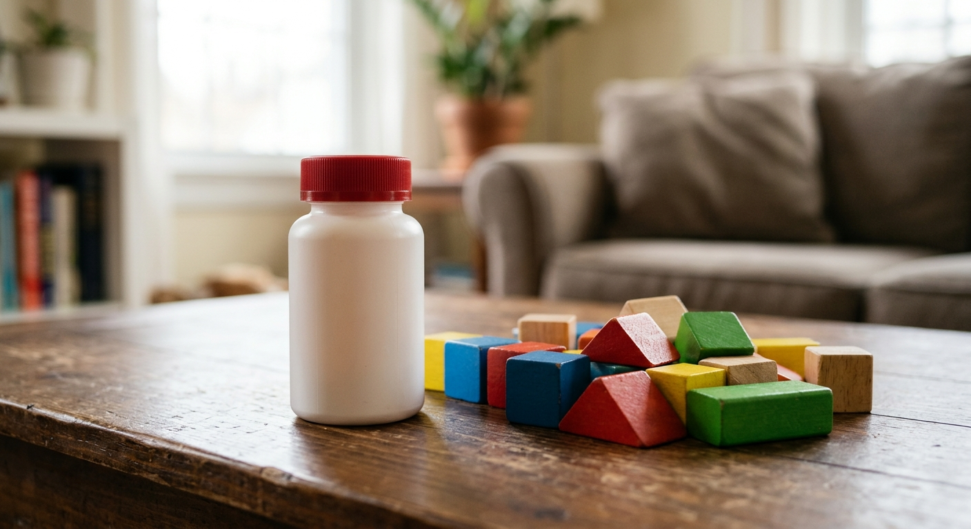 A white plastic medicine bottle with a red cap sitting on a wooden table next to a set of colorful children's toy blocks.