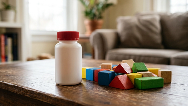 A white plastic medicine bottle with a red cap sitting on a wooden table next to a set of colorful children's toy blocks.