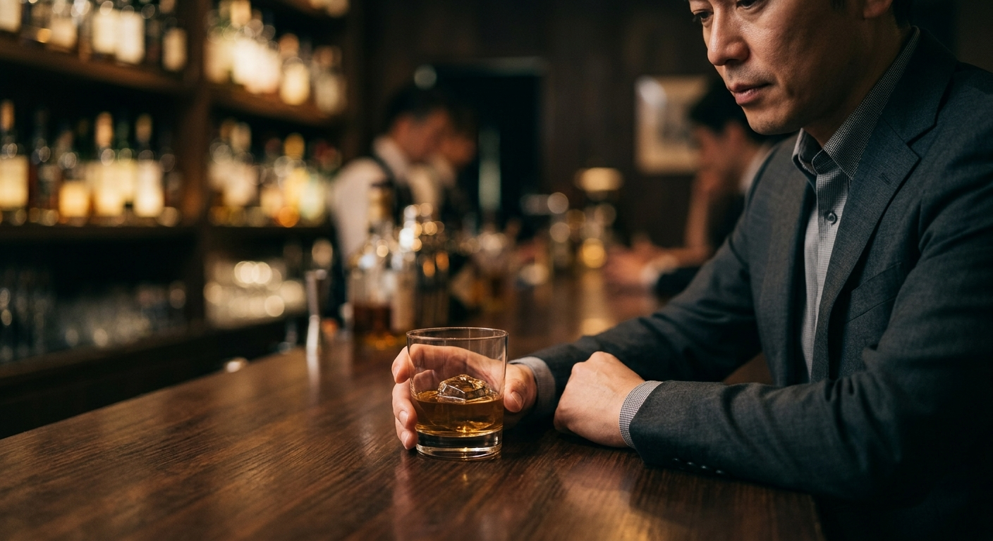 A person holding a glass of amber-colored liquid sitting at a dimly lit wooden counter with blurred bottles in the background.