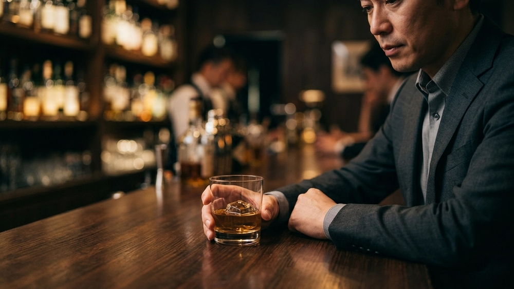 A person holding a glass of amber-colored liquid sitting at a dimly lit wooden counter with blurred bottles in the background.