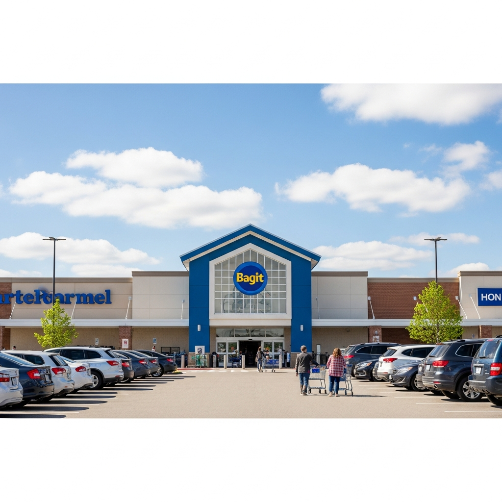 A wide shot of a large grocery store exterior with blue and white branding elements, featuring a parking lot and shoppers pushing carts.
