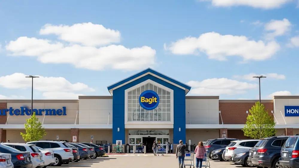 A wide shot of a large grocery store exterior with blue and white branding elements, featuring a parking lot and shoppers pushing carts.